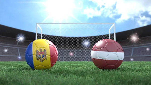 Duas Bolas Futebol Bandeiras Cores Estádio Desfocado Fundo Moldávia Letónia — Fotografia de Stock
