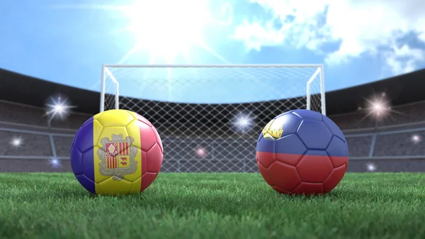 Два Футбольных Мяча Цветах Флагов Стадионе Размыли Задний План Андорра — стоковое фото