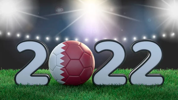 Soccer 2022 illustration. Soccer ball in Qatari flag colors. Stadium bright background. 3D image
