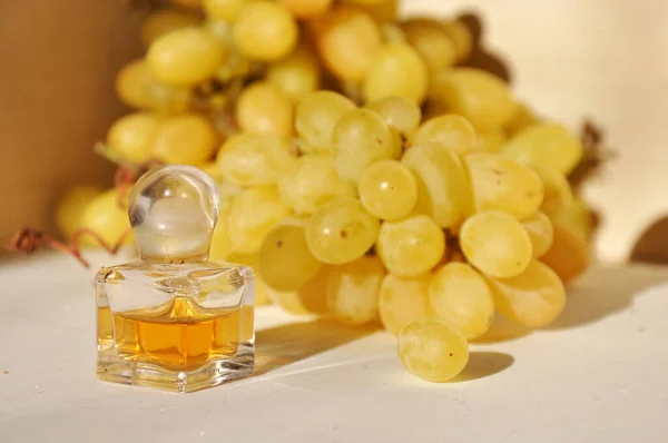 Grape seed oil in a glass bottle. Fresh grapes.Composition with a bottle of natural grape seed oil on a light background, Organic cosmetics. Eco product. Spa concept, selective focus macro front view.