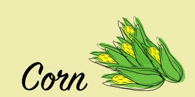 Bir yığın taze mısır. Organik, çiftlik yapımı mısır. Hasat et. Uzayı kopyala Reklam için yer var. Düz vektör. Doodle tarzı.