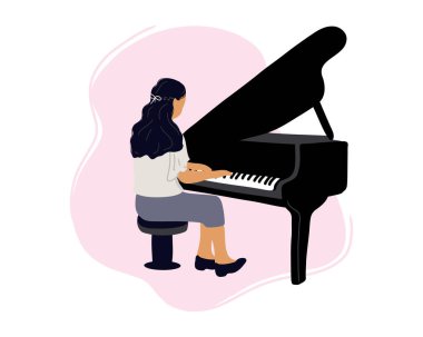Genç bir kadın, kuyruklu piyano düz vektör çizimi yapıyor. Canlı müzik konseri. Piyanist piyanonun başında oturur.