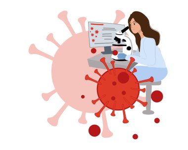Aşı geliştirme laboratuvarında çalışan bir tıp kadını. Bilim adamları bir koronavirüs aşısı, omikron ve diğerleri geliştiriyor. Laboratuvar analizi. Düz vektör.
