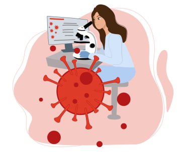 Aşı geliştirme laboratuvarında çalışan bir tıp kadını. Bilim adamları bir koronavirüs aşısı, omikron ve diğerleri geliştiriyor. Laboratuvar analizi. Düz vektör.
