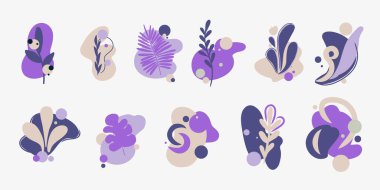 Çok peri koleksiyonu ya da elle boyanmış soyut yaprak ve şekillerin sanatsal elementleri. Modern el yapımı bitki yaprağı ve dekorasyon seti. Doodle ve düz stil.