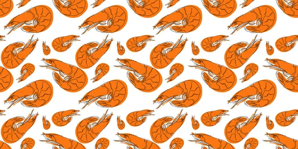 Shrimp Seamless Pattern White Background Fresh Seafood Doodle Organic Hand — Stockfoto