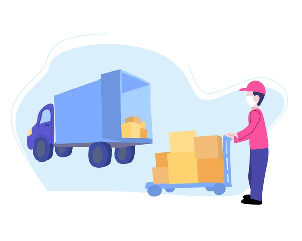 Delivery Truck Box Male Worker Uniform Pushing Hand Truck Loaded — Fotografia de Stock