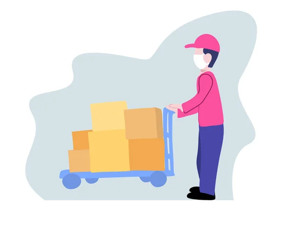 Male Worker Uniform Pushing Hand Truck Loaded Boxes Courier Push — 图库照片