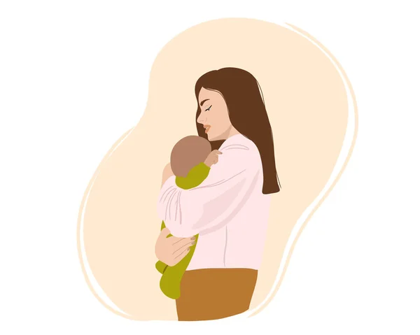 腕に赤ん坊を抱えた幸せと笑顔の若い母親 幼い母親が赤ん坊を抱いて愛撫する 平面ベクトル図 — ストック写真