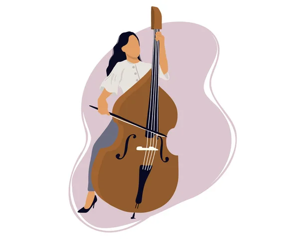 Young Woman Plays Double Bass Person Sits Bowed Instrument Creates — Fotografia de Stock