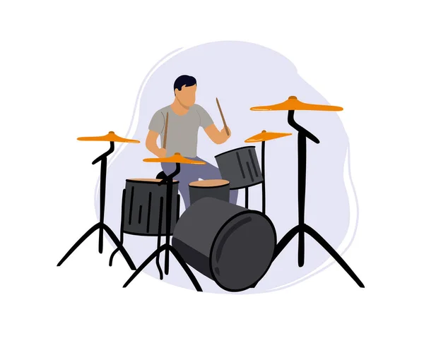 Male Drummer Concept Person Sits Drum Kit Creates Rhythm Melody — Fotografia de Stock