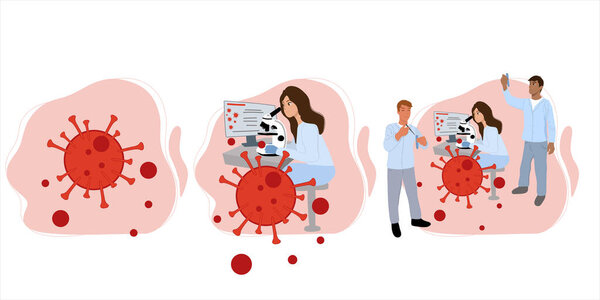 Omicron virus. Medical people work in a vaccine development science laboratory. Set. Scientists are developing a vaccine against omicron. Laboratory analysis. Flat vector.