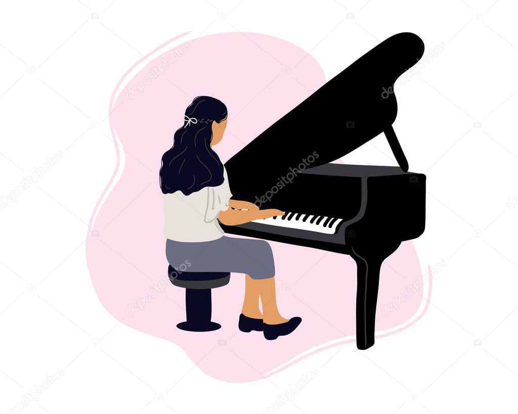 Young woman playing grand piano flat vector illustration. Live music concert. The pianist sits at the piano