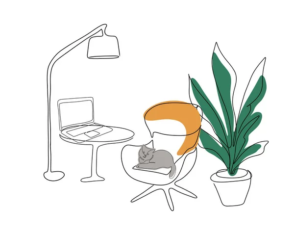アームチェアの猫 テーブルにはアームチェアに猫が座り 鍋や床灯には屋内植物が生えている快適なリビングルームのインテリア 直線型 手描き バカめ 平面ベクトル — ストック写真