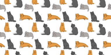 Beyaz bir arka planda kediler pürüzsüz desen. Zencefil ve gri kediyle el çizimi desen. Web sayfası duvar kağıtları ve tekstil yüzey dokusu için uygun. Bir çizgi çiz. Doğrusal stil. Kelime. 