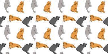 Beyaz bir arka planda kediler pürüzsüz desen. Zencefil ve gri kediyle el çizimi desen. Web sayfası duvar kağıtları ve tekstil yüzey dokusu için uygun. Bir çizgi çiz. Doğrusal stil. Kelime. 