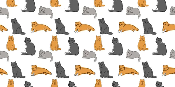 Beyaz bir arka planda kediler pürüzsüz desen. Zencefil ve gri kediyle el çizimi desen. Web sayfası duvar kağıtları ve tekstil yüzey dokusu için uygun. Bir çizgi çiz. Doğrusal stil. Kelime. 