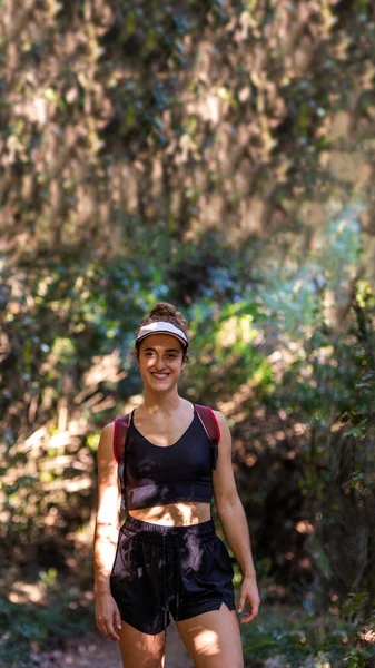 Caucasian Woman Smiling Mountains Visor Her Head — Stock Photo, Image