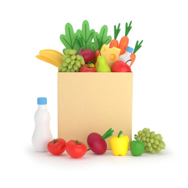 Market seti. Kağıt ambalajında kilo kaybı için sağlıklı beslenme ürünleri. Vejetaryen yemeği. Bir torba taze meyve ve sebze. 3d oluşturma.