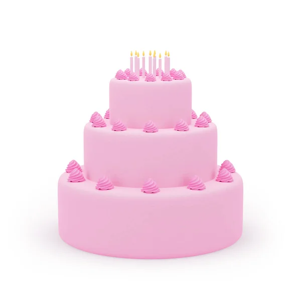 白に隔離されたキャンドルと誕生日ピンクのケーキ お祭りのデザート かわいい装飾 3Dレンダリング — ストック写真
