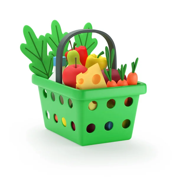 食料品とショッピングバスケット 白に隔離された漫画のスタイルで製品と完全な緑のプラスチック製の食料品や食料品のカート 3Dレンダリング — ストック写真