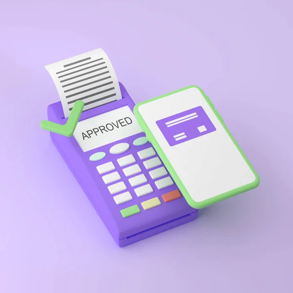 決済端末 近くの通信だ 非接触決済 Nfc Pos端末とチェックで紫色の背景に電話 承認された支払い 漫画風 3Dレンダリング — ストック写真
