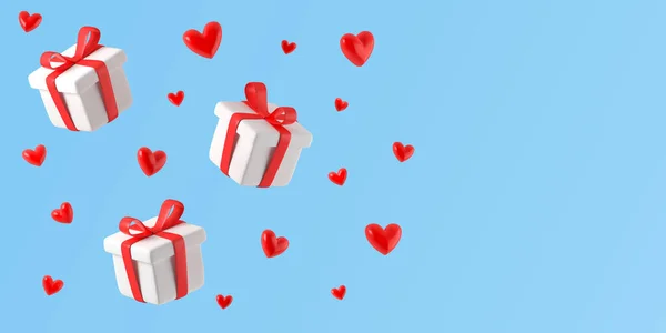 赤い弓でギフトボックスは 心の青の背景に落ちている 結婚式のバナー 誕生日カード バレンタインデーのチラシテンプレート 3Dレンダリング — ストック写真