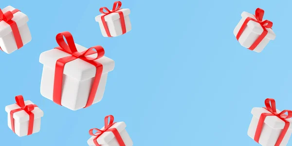 青い背景に赤い弓が落ちるギフトボックス クリスマスの新年のバナー 誕生日カード チラシテンプレート 3Dレンダリング — ストック写真