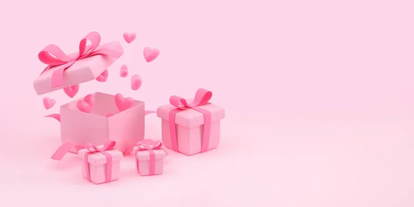 Open Gesloten Roze Geschenkdoos Met Strik Vliegende Harten Perspectiefweergave Aanwezig — Stockfoto