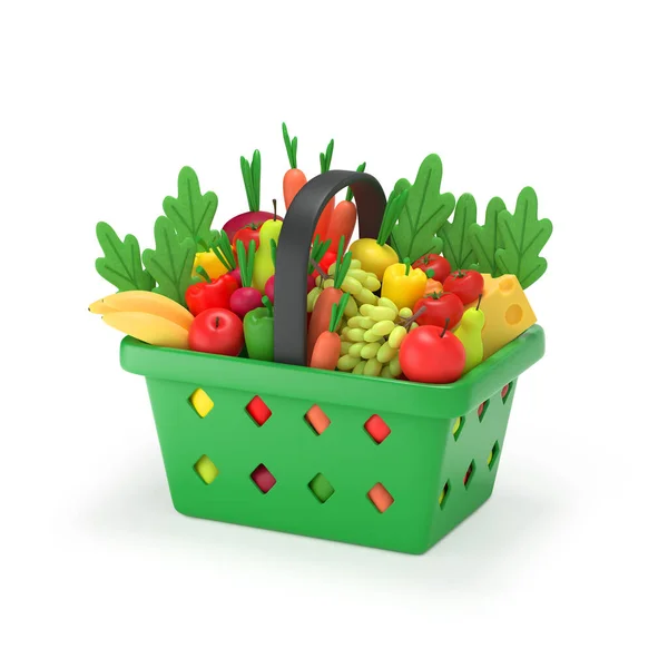 Winkelmandje Met Boodschappen Volledig Groene Plastic Kruidenier Voedsel Kar Met — Stockfoto