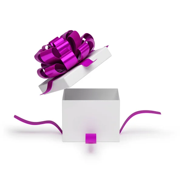 Gift Purple Bow Made Glossy Ribbon Square Flying Box Perspective — Stock Photo, Image