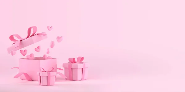 Open Closed Pink Gift Box Bow Flying Hearts Perspective View — 图库照片