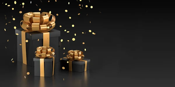 Geschenkbox Mit Goldschleife Fliegendem Konfetti Geschenk Auf Schwarzem Hintergrund Black — Stockfoto