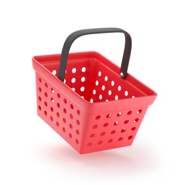 Alışveriş sepeti. Süpermarket için kırmızı plastik market ya da yemek arabası, çizgi film tarzı, beyaza izole edilmiş. 3d oluşturma