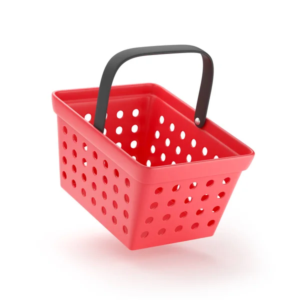 買い物かごだ スーパーマーケット 漫画スタイル 白に隔離されたための赤いプラスチック製の食料品や食料品のカート 3Dレンダリング — ストック写真