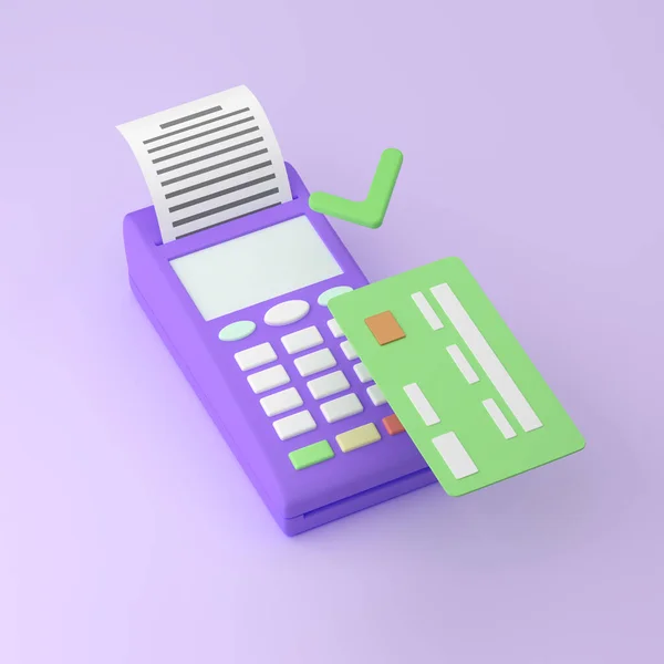 決済端末 漫画スタイル チェックとクレジットカードで紫色の背景にPos端末 承認された支払い 3Dレンダリング — ストック写真