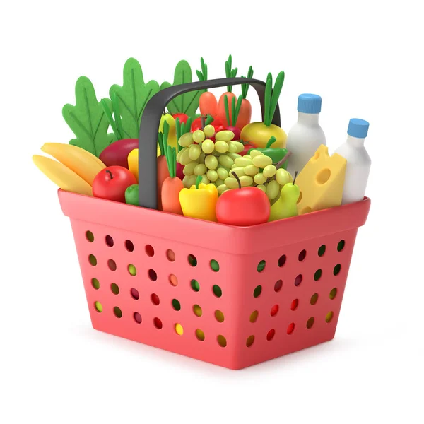 Shopping Basket Groceries Full Red Plastic Grocery Food Cart Products — Stock Photo, Image