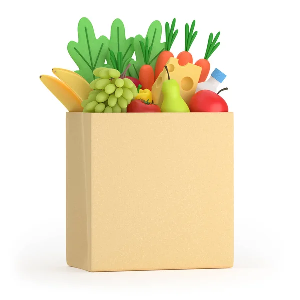 食料品店だ 紙包装の減量のための健康的な栄養のための製品 ベジタリアンフード 新鮮な果物や野菜の袋 3Dレンダリング — ストック写真