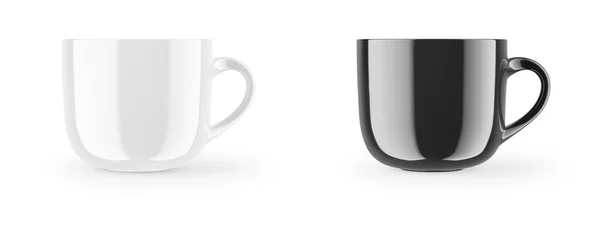 飲み物用の光沢のあるマグカップ 白と黒のブランク現実的な隔離されたカップ 3Dレンダリング — ストック写真