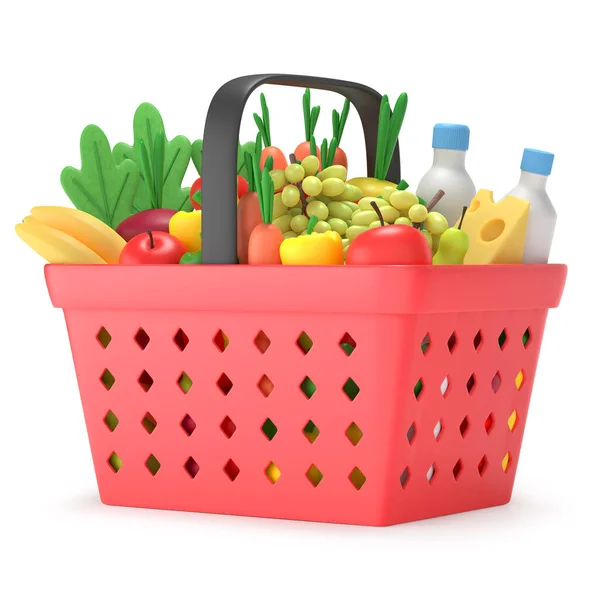 Shopping Basket Groceries Full Plastic Grocery Food Cart Products Cartoon — Stock Photo, Image