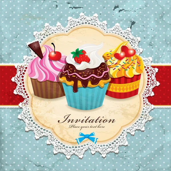 Cadre vintage avec design de modèle d'invitation cupcake — Image vectorielle