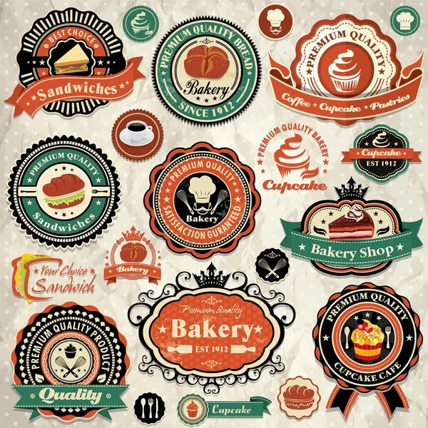 Kolekce vintage retro grunge pekárna potravinové štítky, odznaky a ikon Stock Vektory