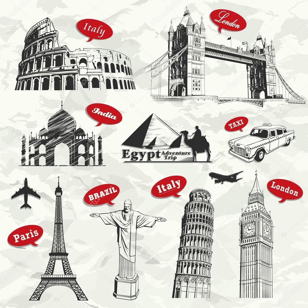 Vintage travel vacation labels with famous building