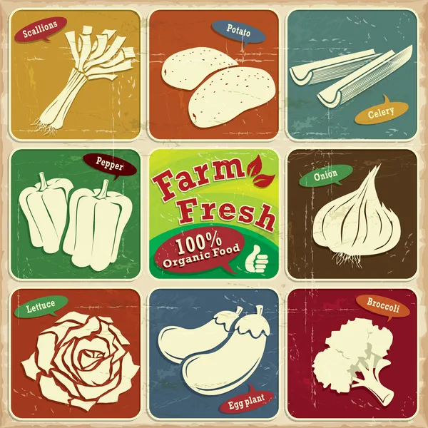 Ancienne affiche d'étiquette fraîche de ferme avec des échalotes, pommes de terre, céleri, poivre, oignon, laitue, aubergine, brocoli — Image vectorielle