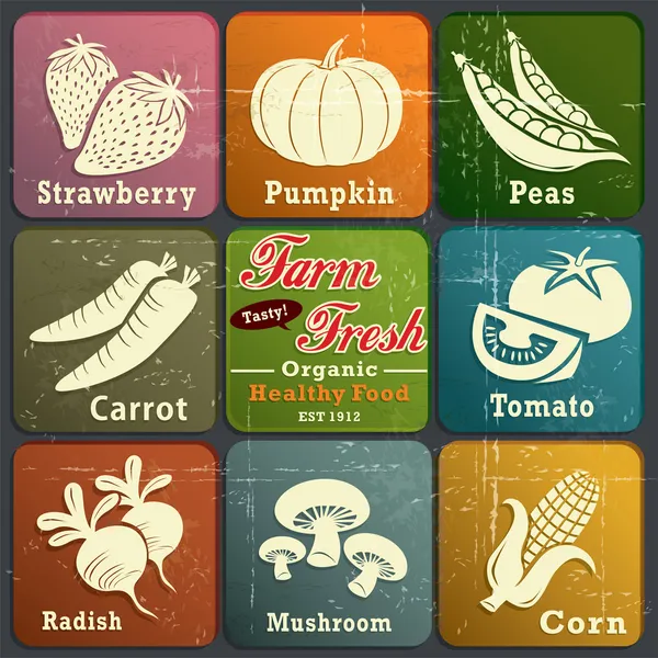 Cartel de etiqueta fresca de granja vintage con fresa, calabaza, guisantes, zanahoria, tomate, rábano, champiñones y maíz — Vector de stock