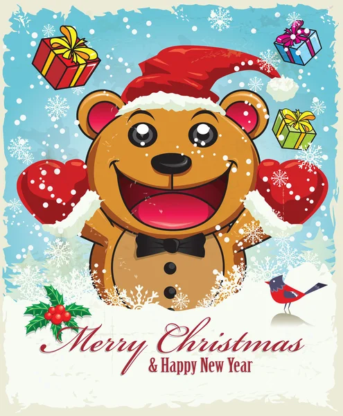 クマのデザインとビンテージのクリスマス ポスター — ストックベクタ