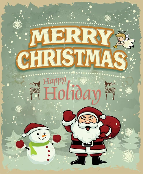 Diseño de póster de Navidad vintage con Papá Noel, muñeco de nieve, ciervo y ángel — Archivo Imágenes Vectoriales