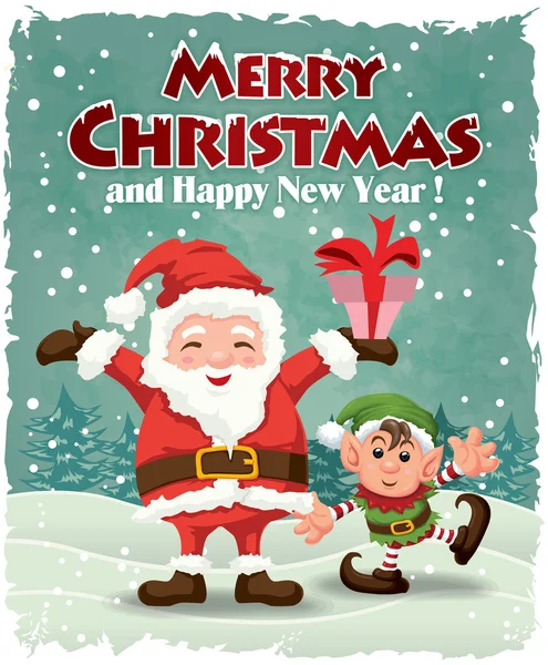 Design de cartaz de Natal vintage com Papai Noel e elfo de Natal — Vetor de Stock