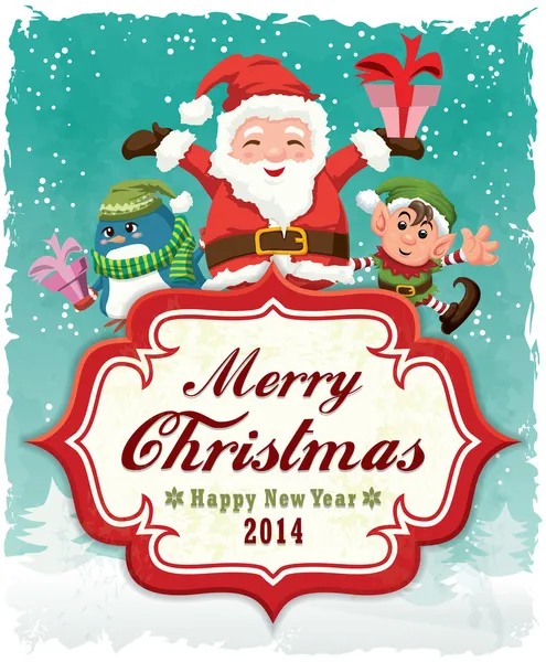 Vintage design poster di Natale con Babbo Natale e elfo di Natale — Vettoriale Stock