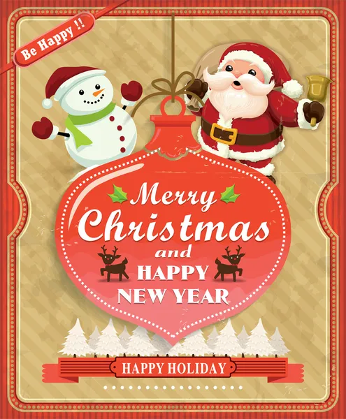 Винтажный рождественский плакат с Бобелем, Санта-Клаусом и снеговиком — стоковый вектор